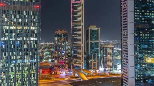 Aerial View Dubai International Financial District Many Skyscrapers Night Timelapse — Stock Photo, Image