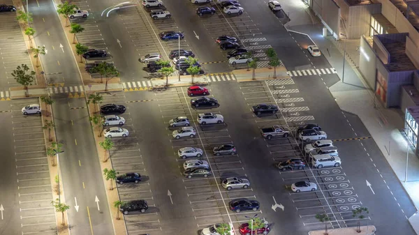 Rows Cars Parked Parking Lot Lines Viewed Night Timelapse Aerial — Stock Photo, Image