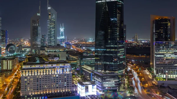 Aerial View Dubai International Financial District Many Skyscrapers Night Timelapse — Stock Photo, Image