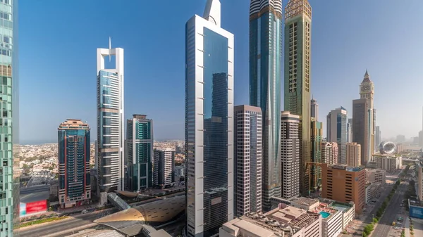 Letecký Pohled Dubajskou Mezinárodní Finanční Čtvrť Mnoha Mrakodrapy Průběhu Celého — Stock fotografie