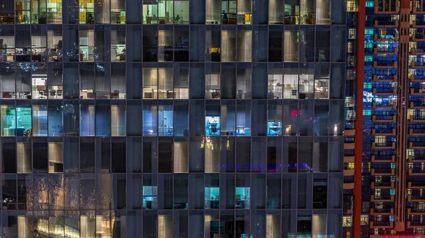 Vista Aérea Nocturna Fachada Ventana Cristal Del Edificio Oficinas Con —  Fotos de Stock