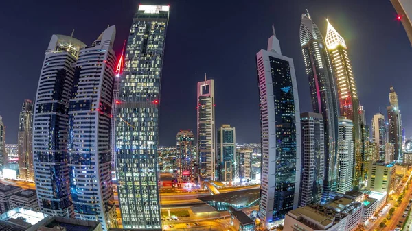 Международный Финансовый Район Дубая Множеством Небоскребов Течение Всей Ночи Движение — стоковое фото