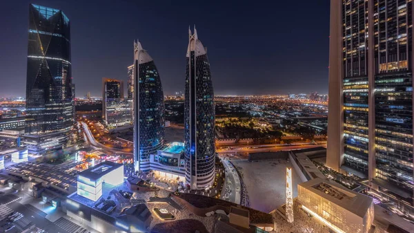 Повітряна Панорама Міжнародного Фінансового Району Дубай Багатьма Хмарочосами Вночі Дорожній — стокове фото