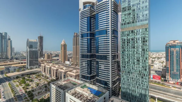 Panorama Leteckým Výhledem Dubaj Mezinárodní Finanční Čtvrti Mnoha Mrakodrapy Timelapse — Stock fotografie