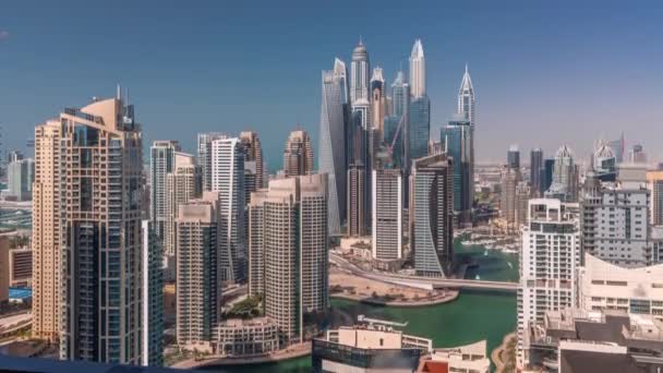 View of various skyscrapers in tallest recidential block in Dubai Marina aerial timelapse — Stock Video