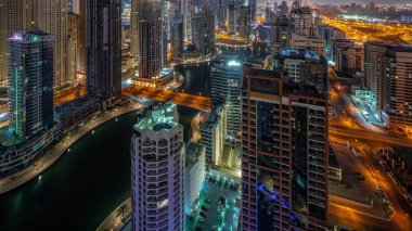 Dubai Marina hava sahasının en yüksek bloğundaki çeşitli gökdelenlerin görüntüsü suni kanallı panoramik zaman geçişi. JBR ilçesinde birçok kule ve yat gün doğumundan önce