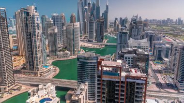 Dubai Marina 'nın en yüksek karşılama bloğundaki çeşitli gökdelenlerin görüntüsü. Üzerinde yapay kanal ve köprüler var. Pek çok kule ve yat