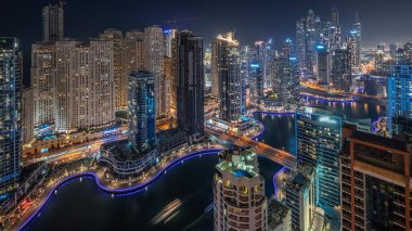 Panorama, Dubai Marina ve JDR bölgesindeki en yüksek ticari bloktaki gökdelenleri suni kanalla birlikte gösteriyor. Pek çok kule ve yat