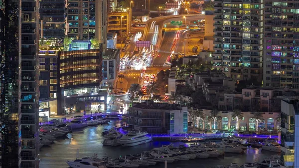 Aerial View Yachts Floating Harbor Night Timelapse White Boats Parked — Stock Photo, Image