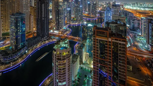 Blick Auf Verschiedene Wolkenkratzer Höchsten Wohnblock Dubai Marina Antenne Nacht — Stockfoto