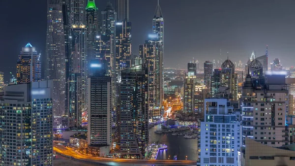 View Various Illuminated Skyscrapers Tallest Recidential Block Dubai Marina Aerial — Stock Photo, Image