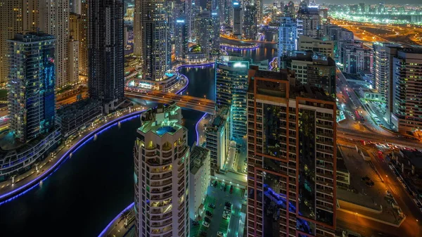 Kilátás Különböző Felhőkarcolók Legmagasabb Rekreációs Blokk Dubai Marina Légi Időelapszus — Stock Fotó