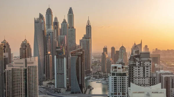 View Various Skyscrapers Tallest Recidential Block Dubai Marina Sunrise Aerial — Stock Photo, Image