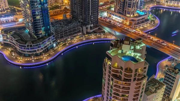 Dubai Marina Beira Mar Cidade Calçadão Noite Timelapse Cima Vista — Fotografia de Stock