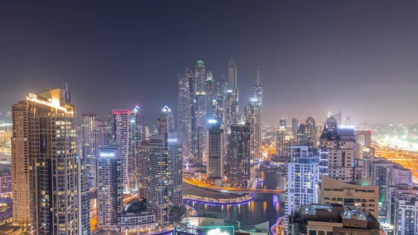 Kilátás Különböző Felhőkarcolók Legmagasabb Rekreációs Blokk Dubai Marina Antenna Alatt — Stock Fotó