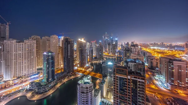Panorama Různých Mrakodrapů Nejvyšším Recidivním Bloku Dubajském Přístavu Letecké Noci — Stock fotografie