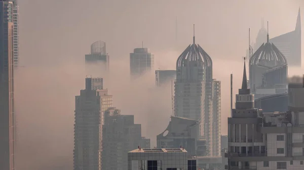 Dubai Marina Und Media City Mit Morgennebel Zwischen Modernen Wolkenkratzern — Stockfoto