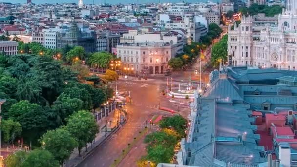 Madrid day to night timelapse panorama εναέρια άποψη της Μαδρίτης Post Palacio comunicaciones, Ισπανία — Αρχείο Βίντεο