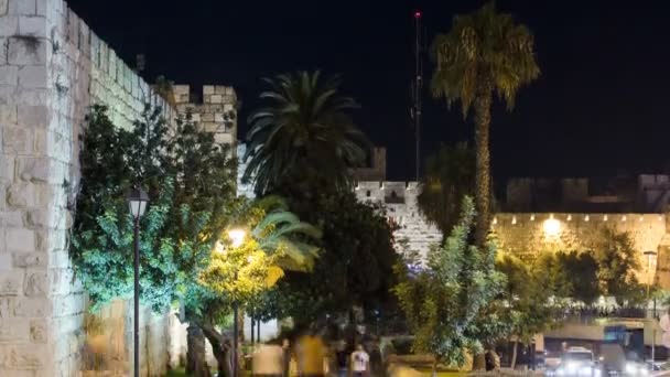 Hradby starověkého města v noci, Jeruzalém, Izrael — Stock video