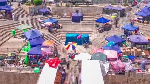 Flygfoto från Damaskus Gate eller Shechem Gate timelapse, en av portarna till den gamla staden Jerusalem, Israel — Stockvideo