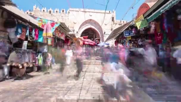 Puerta de Damasco o Puerta de Siquem hiperlapso timelapse, una de las puertas de la Ciudad Vieja de Jerusalén, Israel — Vídeo de stock