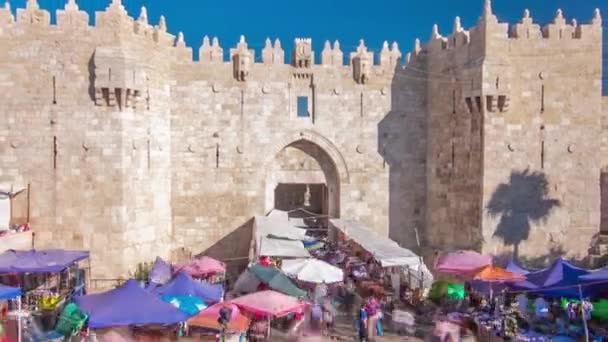 Damascus Gate of Sichem Gate timelapse hyperlapse, een van de poorten naar de Oude Stad van Jeruzalem, Israël — Stockvideo