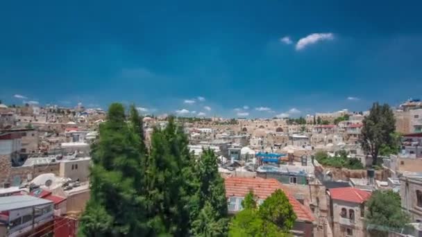 Skyline of the Old City in Jerusalem with historic habiters air timelapse hyperlapse, Israel. — стокове відео