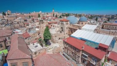 Kudüs 'teki Eski Şehir' in silueti. Tarihi binalar, hava zaman çizelgesi, İsrail..