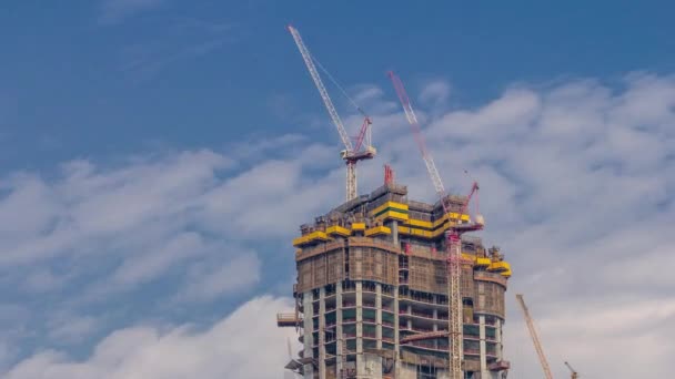 Gru che lavorano a lavori di cantiere di vincolo moderni di nuovo timelapse di grattacielo — Video Stock