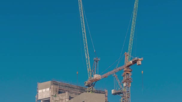Cranes working on modern constraction site works of new skyscraper timelapse — Stock Video