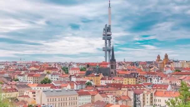 Timelapse view from the top of the Vitkov Memorial on the Prague landscape on a sunny day with the famous Zizkov TV tower on the horizon — Stock Video
