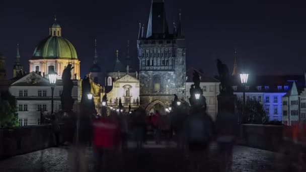 Magnificent Gothic structure called Stare Mesto Tower timelapse on Charles Bridge — Stock Video