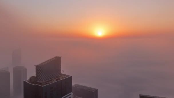 Rare early morning winter fog above the Dubai Marina skyline and skyscrapers lighted by sun aerial timelapse. — Stock Video