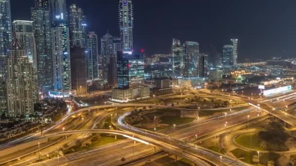 Dubai Marina snelweg kruising spaghetti kruising nacht timelapse — Stockvideo