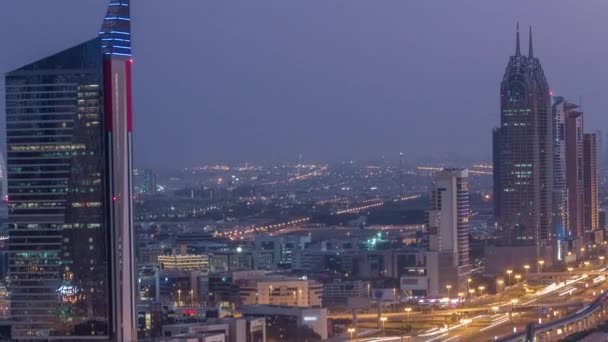 Vista aérea da Sheikh Zayed Road em Dubai Internet Área da cidade noite a dia timelapse — Vídeo de Stock