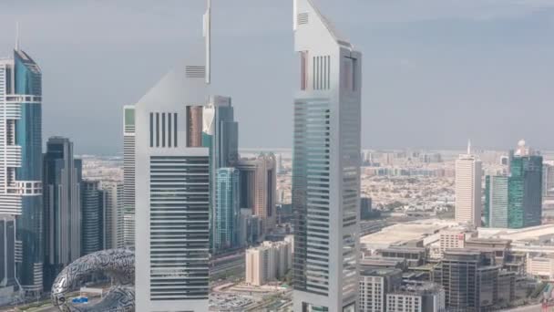 The view on Emirates Towers and Sheikh Zayed road aerial timelapse — Stock Video