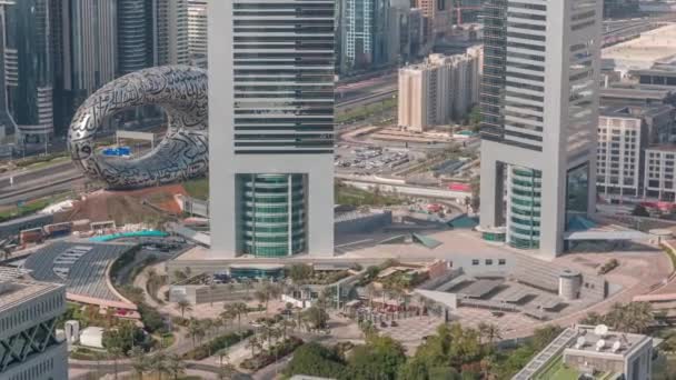 Emirates Towers with museum of future and Sheikh Zayed road aerial timelapse — Stock video