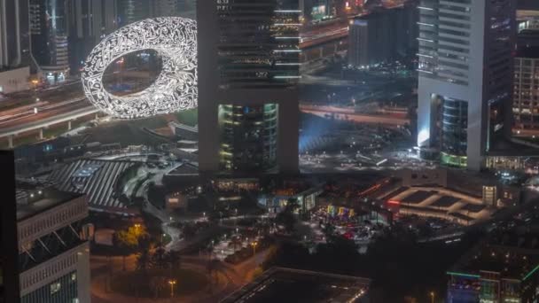 Dubai Museum der zukünftigen Außengestaltung Antenne Nacht Zeitraffer. — Stockvideo