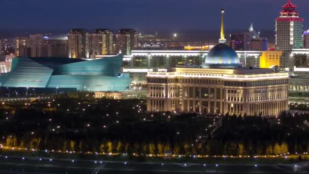 Akorda - residence President Republic of Kazakhstan and Central Concert Hall at night timelapse — Stock Video