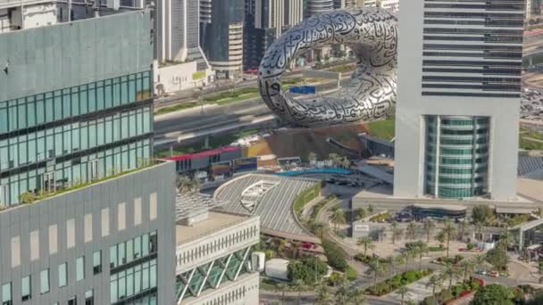 Museo Dubai de diseño exterior futuro timelapse aéreo. — Vídeos de Stock