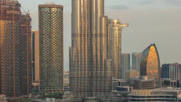 Dubai Downtown morning timelapse with tallest skyscraper and other towers — Stock Video