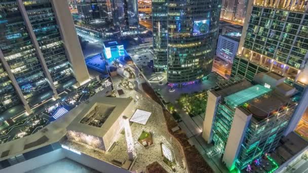 Dubai internationale financiële centrum wolkenkrabbers lucht nacht timelapse. — Stockvideo