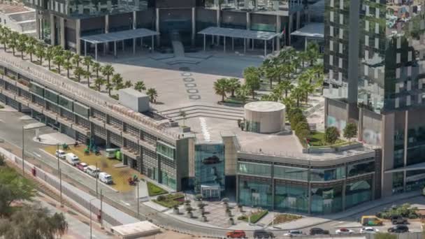 Jardim no último piso com palmeiras perto da entrada de torres de escritórios no distrito financeiro da cidade de Dubai timelapse — Vídeo de Stock