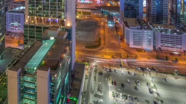 Dubai International Financial Center Wolkenkratzer Antenne Nacht Zeitraffer. — Stockvideo