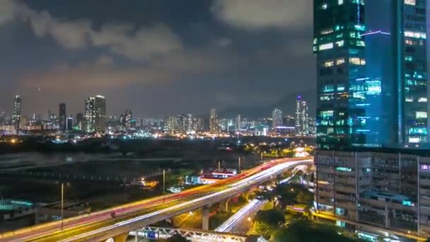 Felülnézet forgalmas éjszaka pénzügyi városi timelapse, hong kong city — Stock videók
