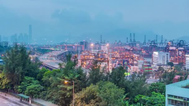 Hong Kong Skyline and Container Terminal day to night aerial timelapse — стоковое видео