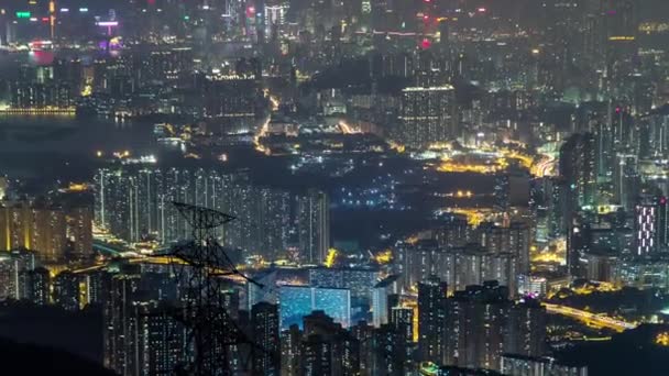 飞农山九龙山顶夜间经过香港城市景观天际线. — 图库视频影像