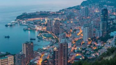 Hava üstten görünüm Monaco grand corniche road günden itibaren gece timelapse, Monaco Fransa için