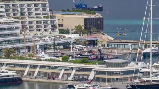 Monte Carlo city aerial panorama timelapse. View of luxury yachts and apartments in harbor of Monaco, Cote dAzur. — Stock Video