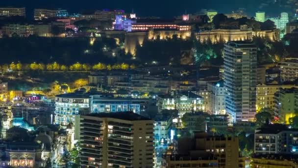 Letecký pohled shora Monacká z grand corniche road noční timelapse, Monako Francie — Stock video